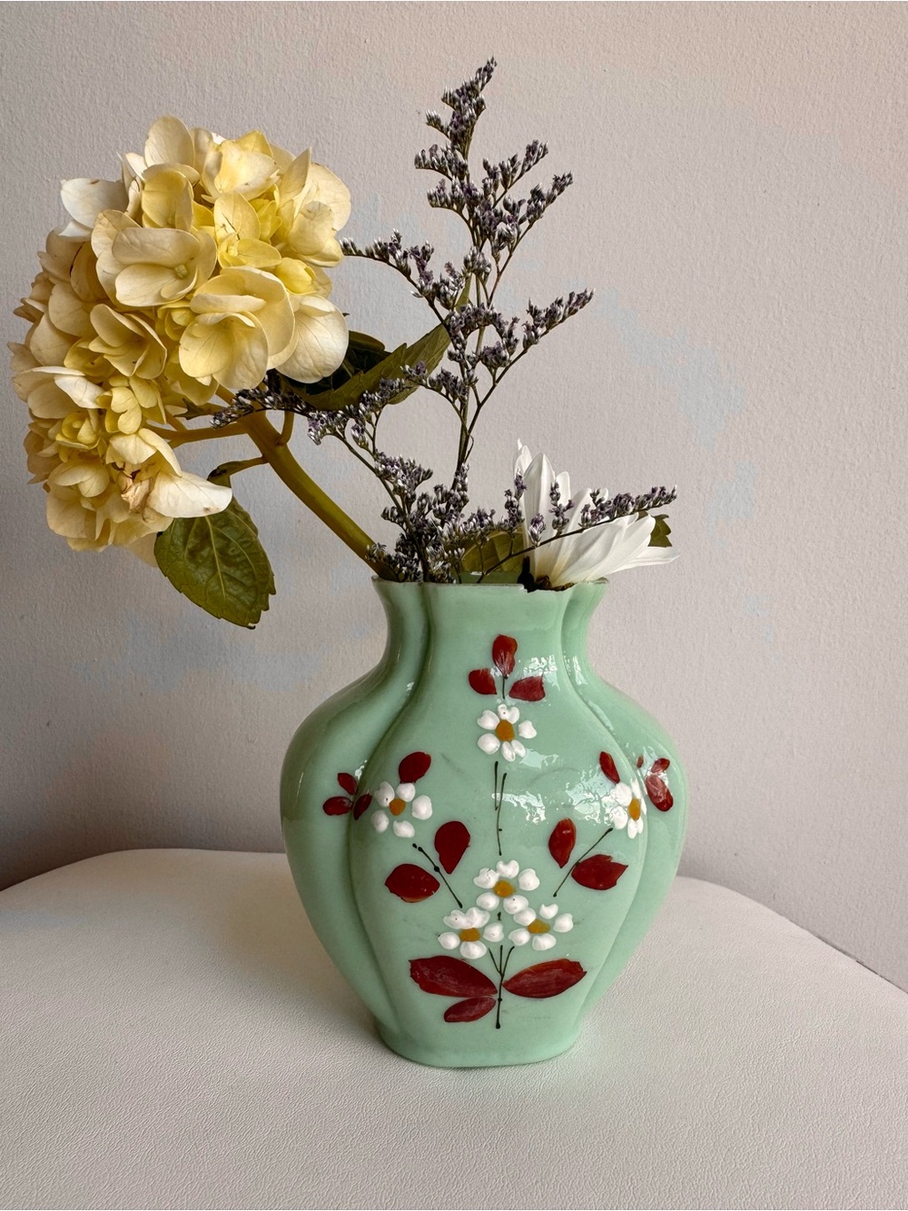 Vintage 1960s Opaline Style Turquoise Glass Floral Painted Small Vase
